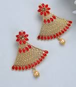 Traditional Gold Tone Class Triangular Shape Red Stone Earring