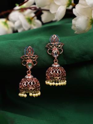 Rosegold Plated Traditional Floral Stone Studded Jhumka Earring 1