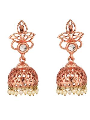 Rosegold Plated Traditional Floral Stone Studded Jhumka Earring 2