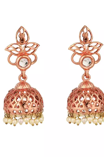 Rosegold Plated Traditional Floral Stone Studded Jhumka Earring