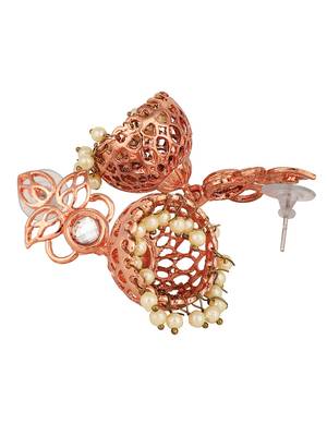 Rosegold Plated Traditional Floral Stone Studded Jhumka Earring 3