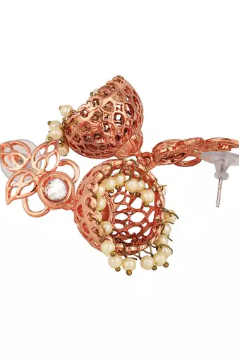 Rosegold Plated Traditional Floral Stone Studded Jhumka Earring