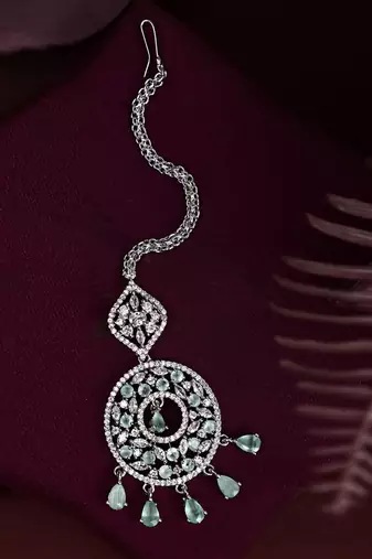 Silver Plated Stylish Mint American Diamond Circular Mangtika