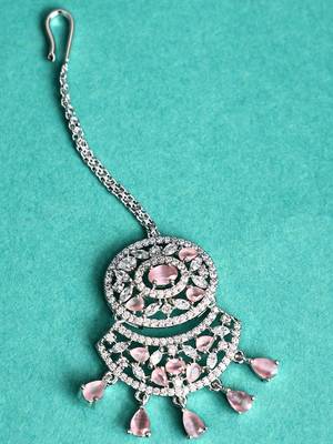 Silver Plated Stylish Pink American Diamond Mangtika 2