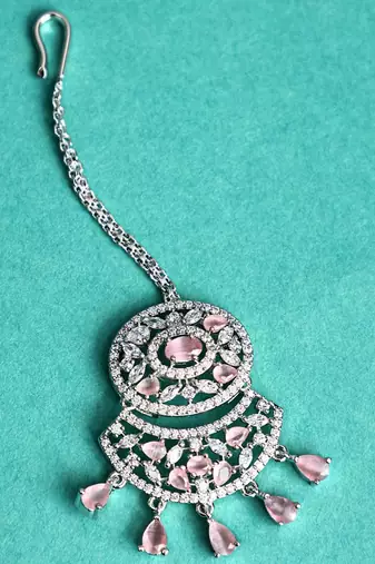 Silver Plated Stylish Pink American Diamond Mangtika