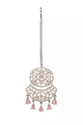 Silver Plated Stylish Pink American Diamond Mangtika