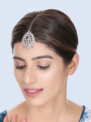 Silver Plated Stylish Pink American Diamond Tear Drop Shape Mangtika 1