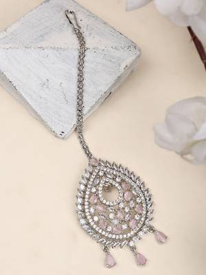 Silver Plated Stylish Pink American Diamond Tear Drop Shape Mangtika 2