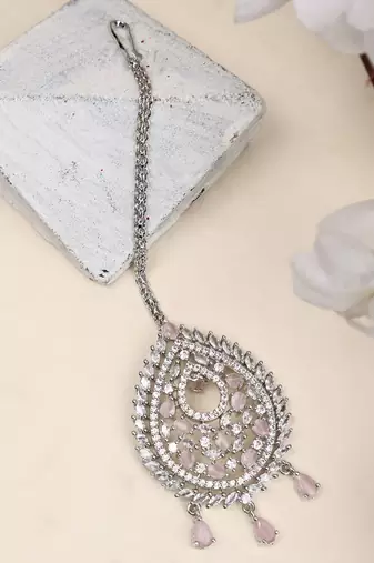 Silver Plated Stylish Pink American Diamond Tear Drop Shape Mangtika