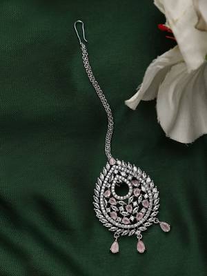 Silver Plated Stylish Pink American Diamond Tear Drop Shape Mangtika 3
