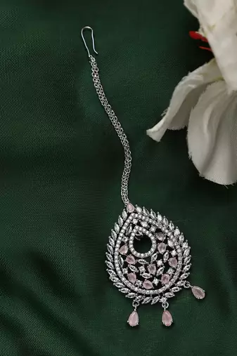 Silver Plated Stylish Pink American Diamond Tear Drop Shape Mangtika