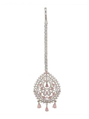 Silver Plated Stylish Pink American Diamond Tear Drop Shape Mangtika 4
