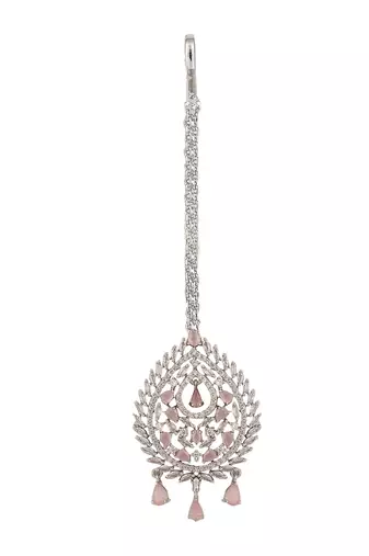 Silver Plated Stylish Pink American Diamond Tear Drop Shape Mangtika