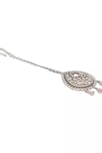 Silver Plated Stylish Pink American Diamond Tear Drop Shape Mangtika
