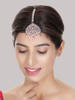 Rose Gold Plated Stylish Pink American Diamond Studded Maangtika 1