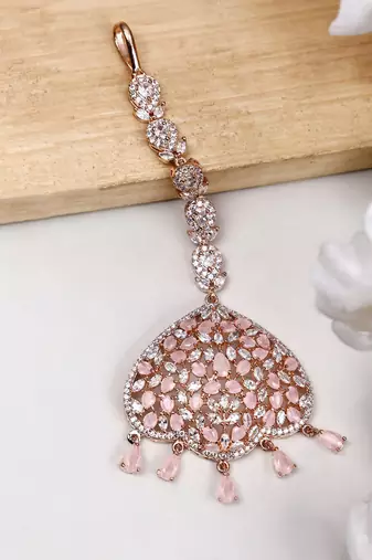 Rose Gold Plated Stylish Pink American Diamond Studded Maangtika