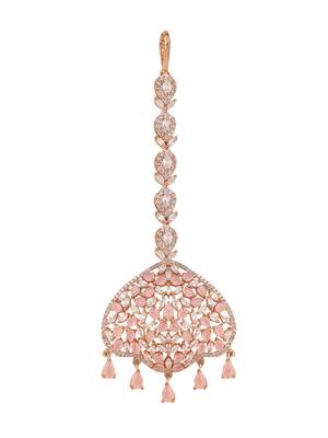 Rose Gold Plated Stylish Pink American Diamond Studded Maangtika 3