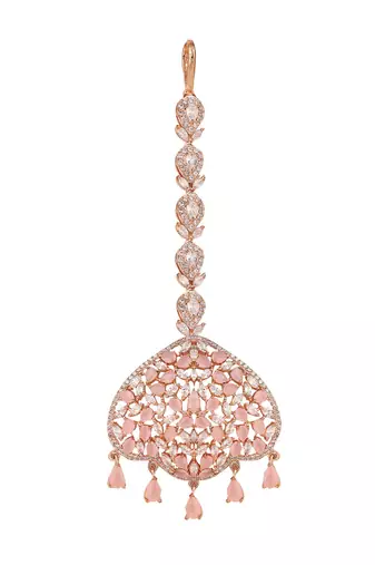 Rose Gold Plated Stylish Pink American Diamond Studded Maangtika
