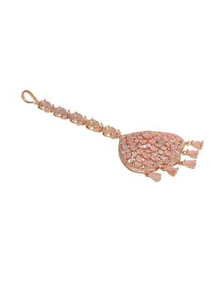 Rose Gold Plated Stylish Pink American Diamond Studded Maangtika 4