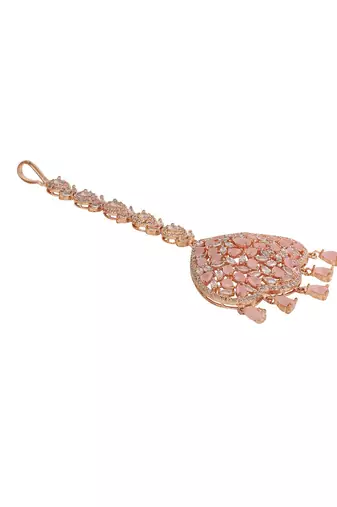 Rose Gold Plated Stylish Pink American Diamond Studded Maangtika