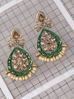 Traditional Green Enamelled Tear drop Shape Pearl and Stone Stud Earring 1