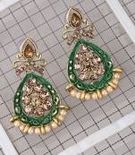 Traditional Green Enamelled Tear drop Shape Pearl and Stone Stud Earring