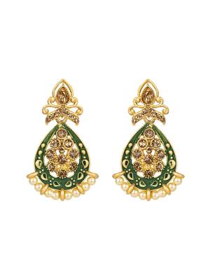 Traditional Green Enamelled Tear drop Shape Pearl and Stone Stud Earring 2
