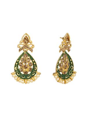 Traditional Green Enamelled Tear drop Shape Pearl and Stone Stud Earring 3