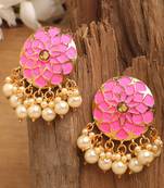 Traditional Green Enamelled Floral Shape Pearl and Stone Stud Earring