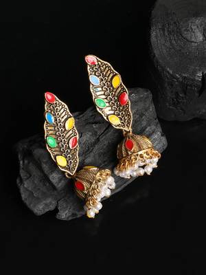 Traditional Gold plated Party Wear Antique Multicolour Jhumka Earring 1