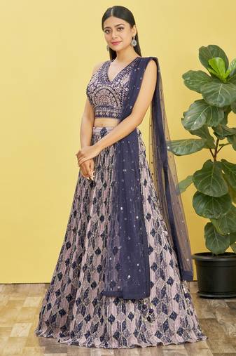 Stunning Blue Mirror Work And Digital Print Organza Party Wear Lehenga Choli