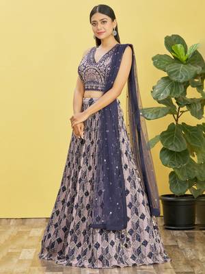 blue mirror work and digital print organza party lehenga set choli with dupatta 1
