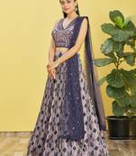 blue mirror work and digital print organza party lehenga set choli with dupatta