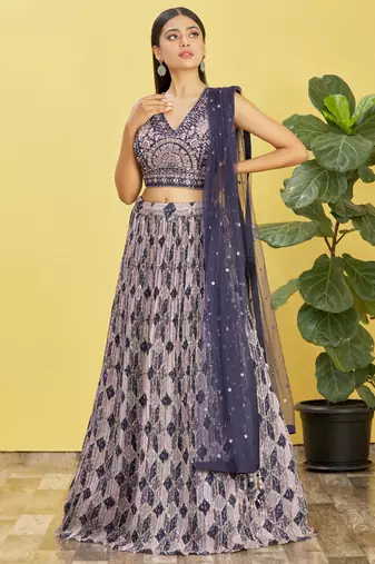 blue mirror work and digital print organza party lehenga set choli with dupatta