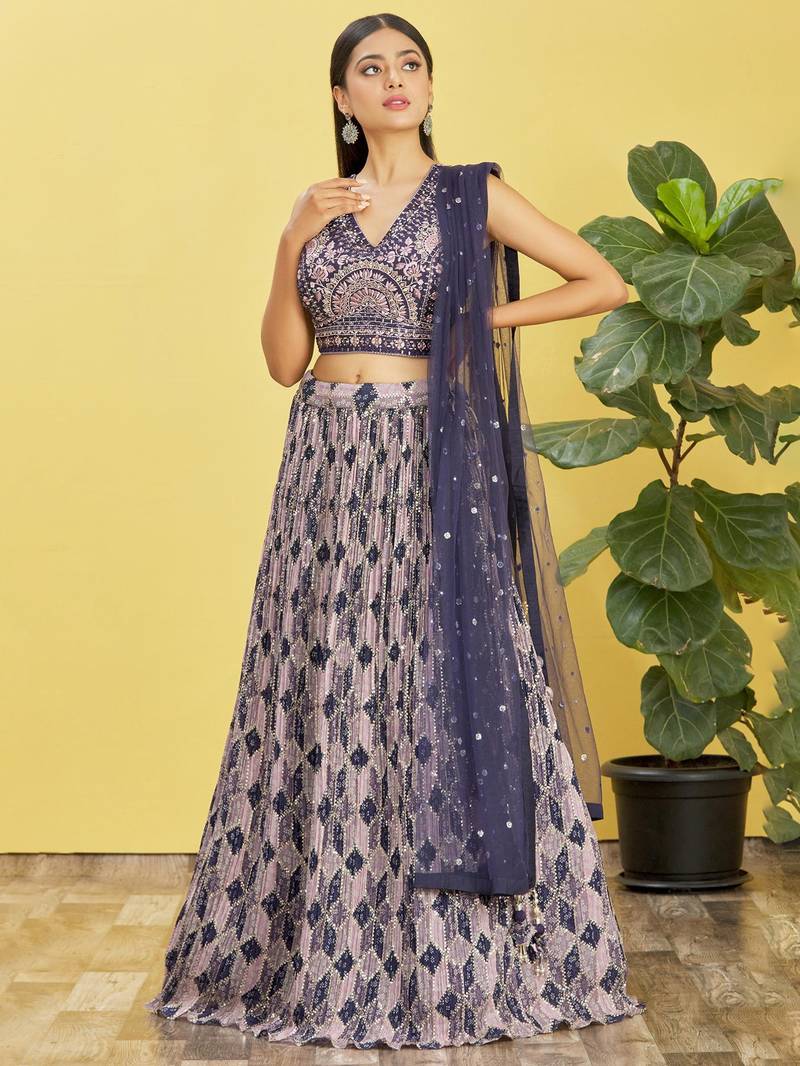 Stunning Blue Mirror Work And Digital Print Organza Party Wear Lehenga Choli