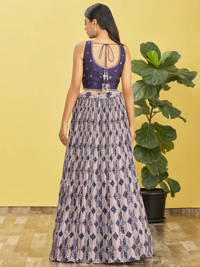 Stunning Blue Mirror Work And Digital Print Organza Party Wear Lehenga Choli