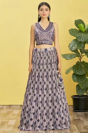 blue mirror work and digital print organza party lehenga set choli with dupatta