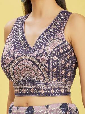 blue mirror work and digital print organza party lehenga set choli with dupatta 5