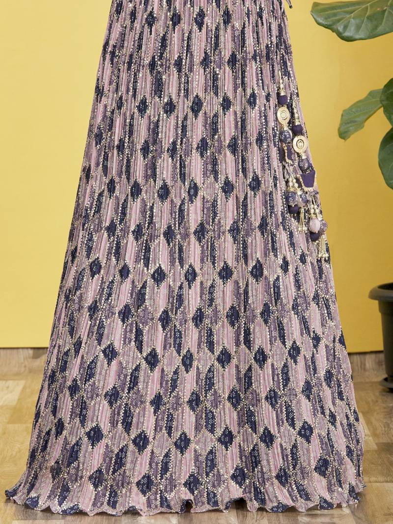 Stunning Blue Mirror Work And Digital Print Organza Party Wear Lehenga Choli