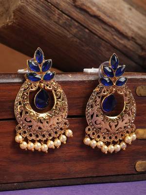 Exclusive Blue & Gold Floral Design Brass Drop Earring 1