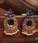 Exclusive Blue & Gold Floral Design Brass Drop Earring