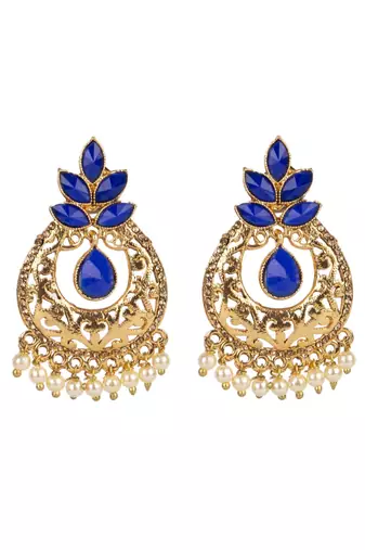 Exclusive Blue & Gold Floral Design Brass Drop Earring