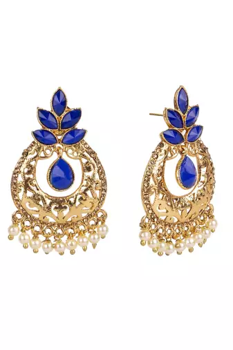 Exclusive Blue & Gold Floral Design Brass Drop Earring