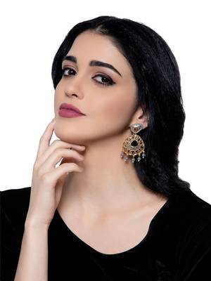 Traditional Gold Plated Stone Studded Grey Enamelled Chandbali Earring 1