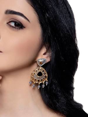Traditional Gold Plated Stone Studded Grey Enamelled Chandbali Earring 2