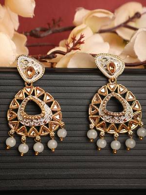 Traditional Gold Plated Stone Studded Grey Enamelled Chandbali Earring 3