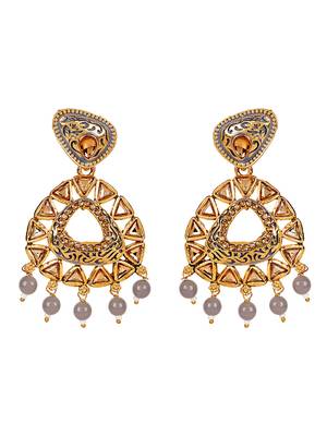 Traditional Gold Plated Stone Studded Grey Enamelled Chandbali Earring 4