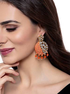 Gold Plated Traditional Orange Meenakari Kundan Stone Chandbalis 2