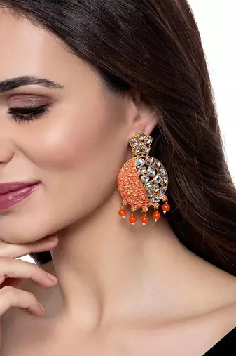 Gold Plated Traditional Orange Meenakari Kundan Stone Chandbalis