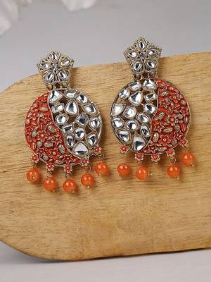 Gold Plated Traditional Orange Meenakari Kundan Stone Chandbalis 3
